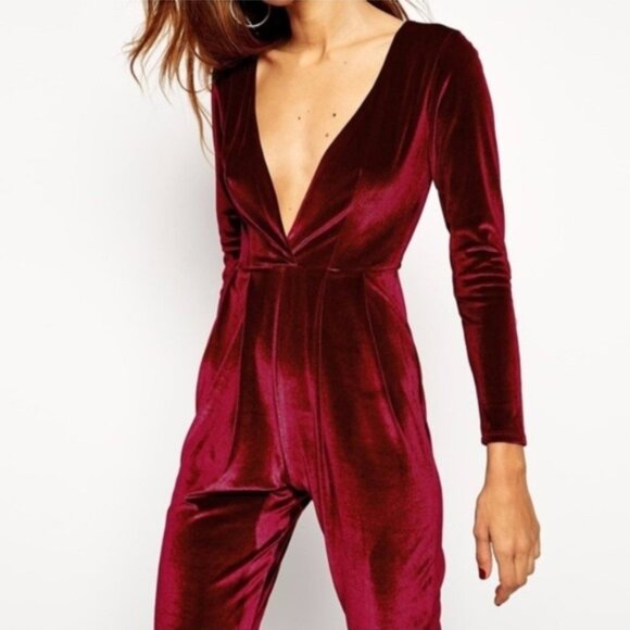 American Apparel Women's Small Jumpsuit Burgundy Velvet Deep V Plunging Neckline - Picture 4 of 9